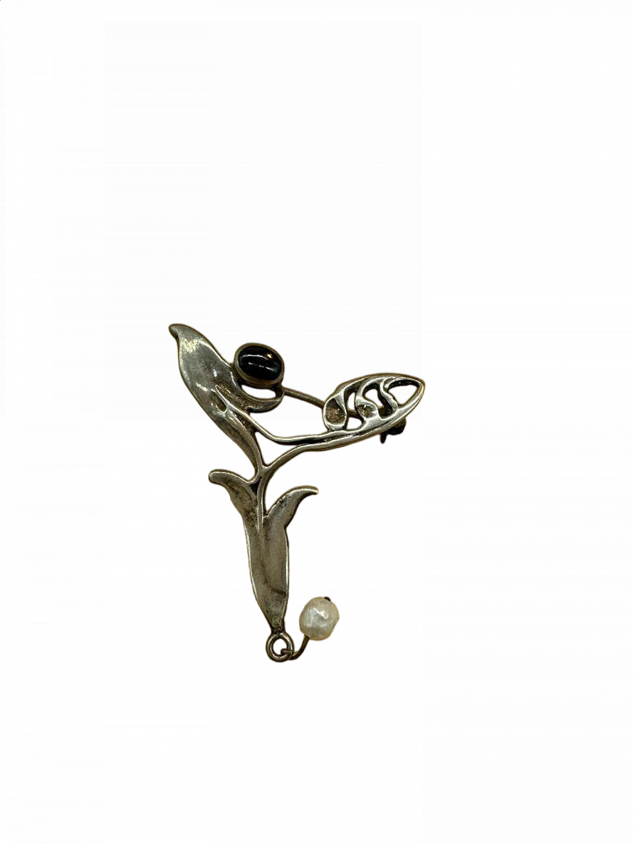 Silver brooch with stone, dark gemstone and pearl, early 20th century 4