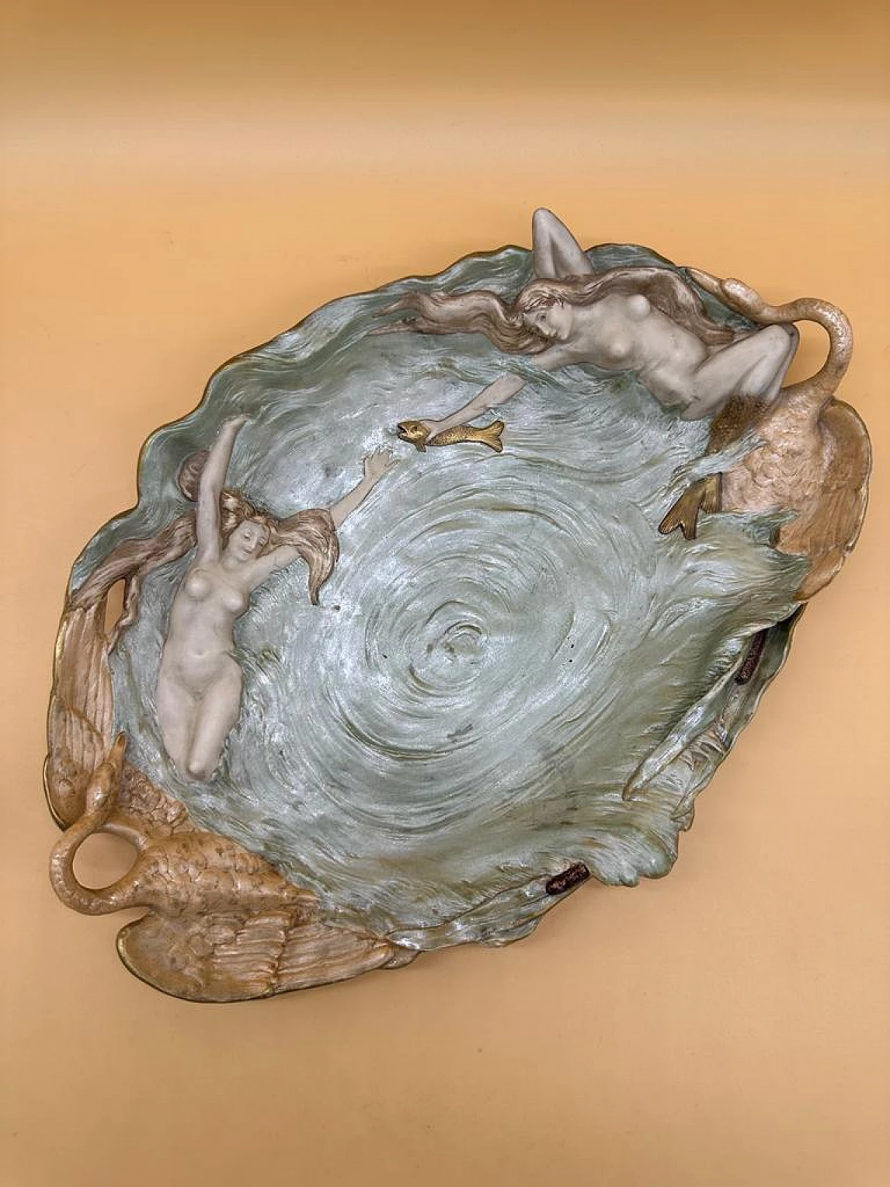 Oval ceramic bas-relief with two mermaids, fish and two swan handles, early 20th century 4