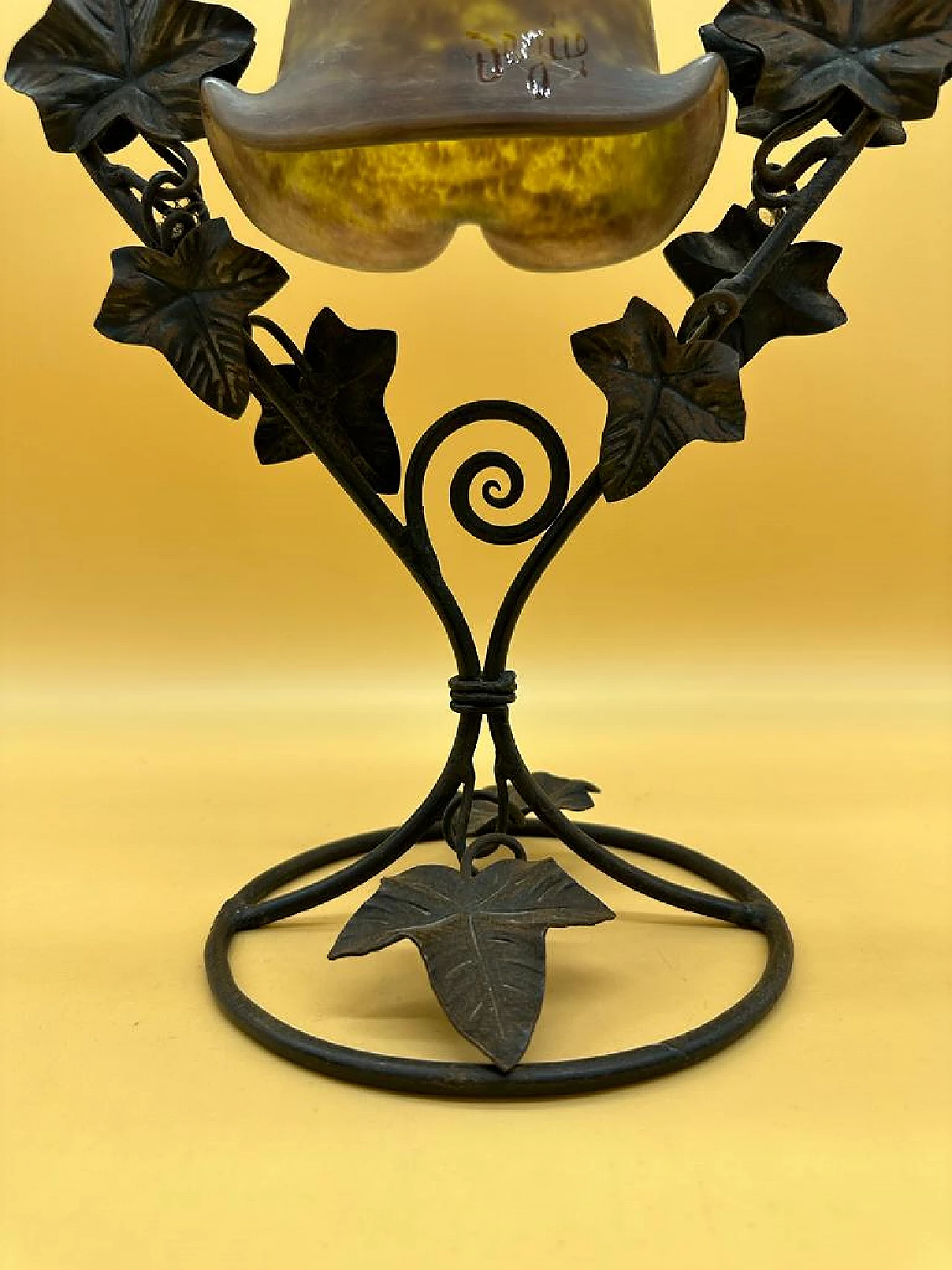 Degue wrought-iron table lamp with glass-pulp tulip, early 20th century 1