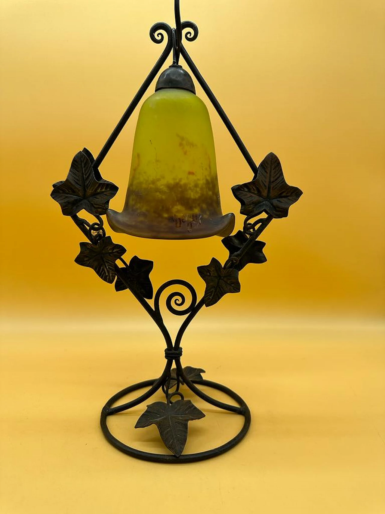 Degue wrought-iron table lamp with glass-pulp tulip, early 20th century 2