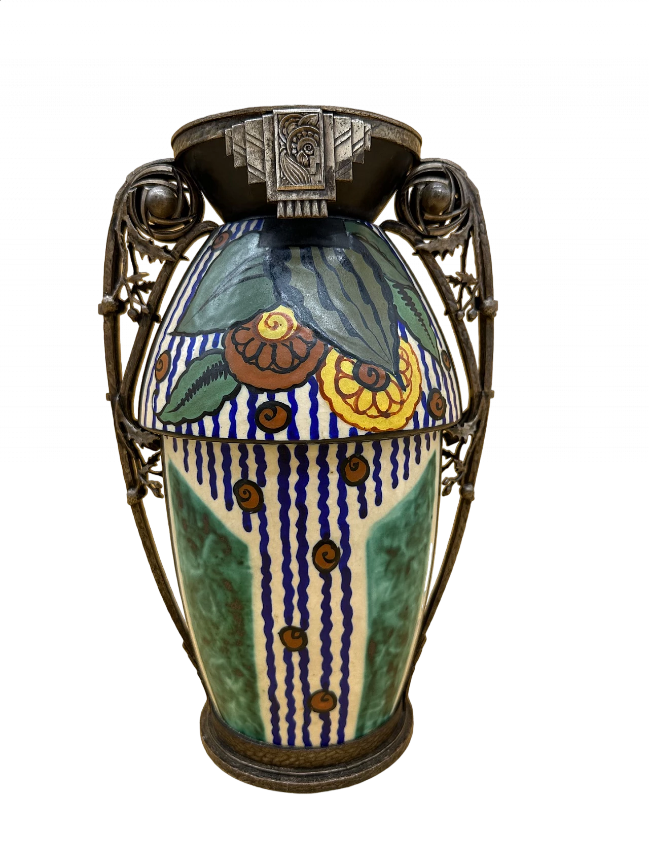 Art Deco ceramic vase with stylised flower decoration and wrought iron frame with leaves with two handles 5