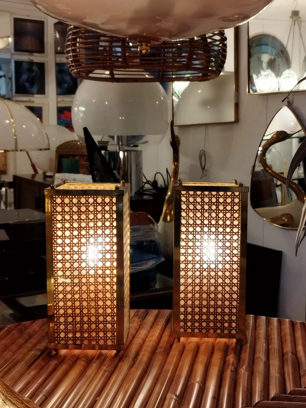 Pair of Vienna straw, plexiglass and brass table lamps, 1970s 7