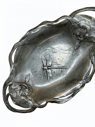 Pewter tray with dragonfly and flowers, 1920s