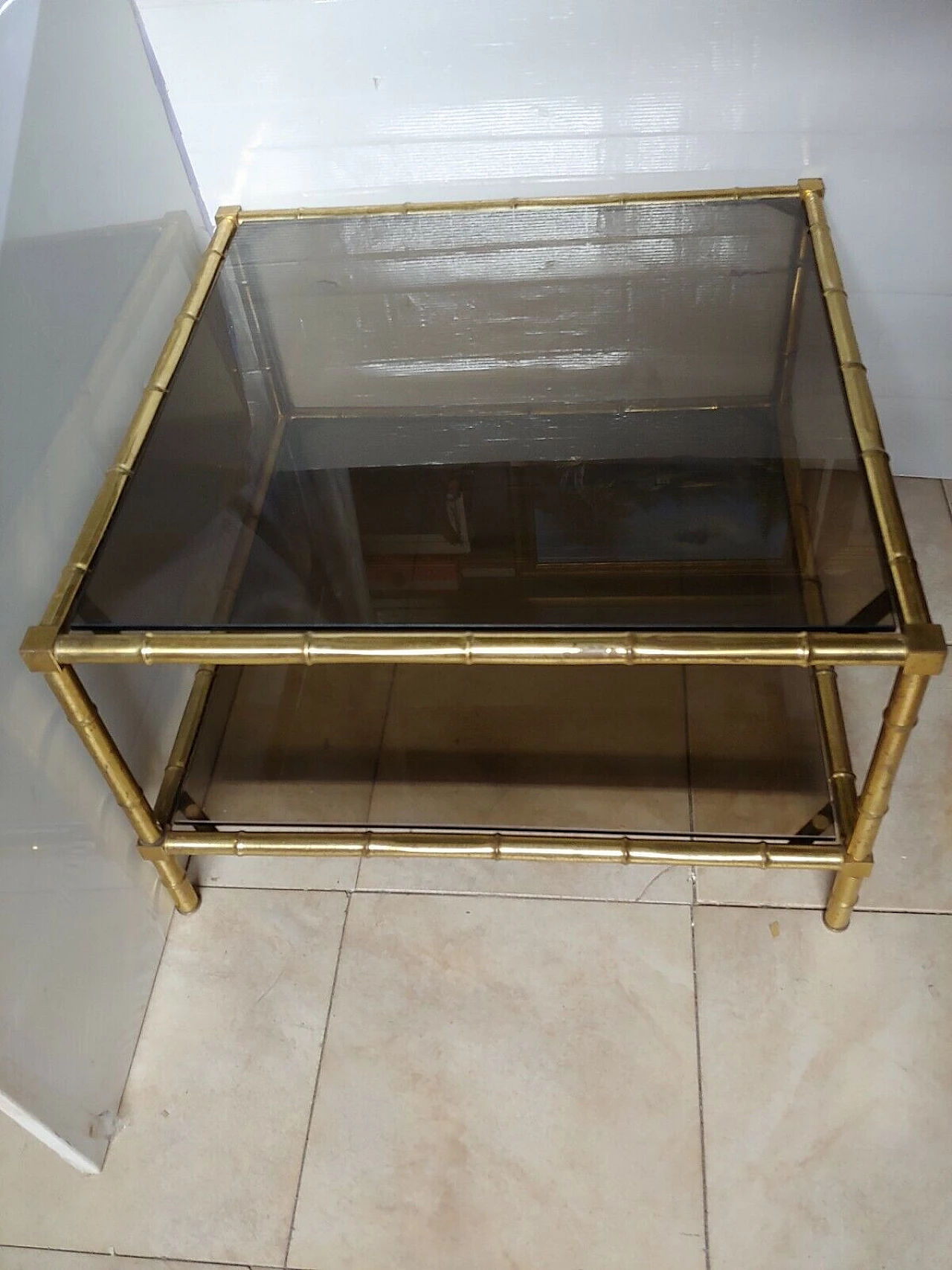 Square bamboo-effect brass and glass coffee table 1