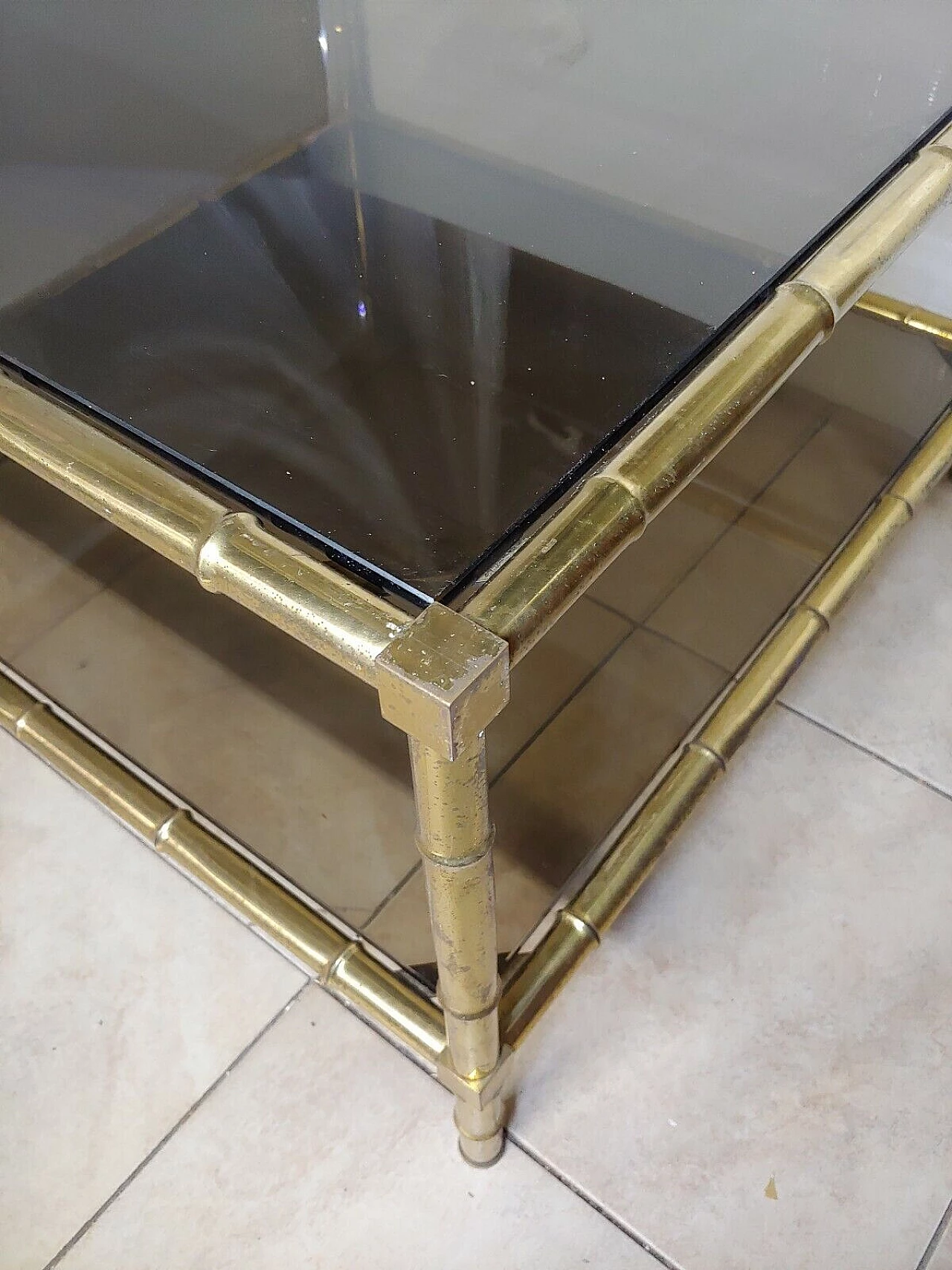 Square bamboo-effect brass and glass coffee table 6