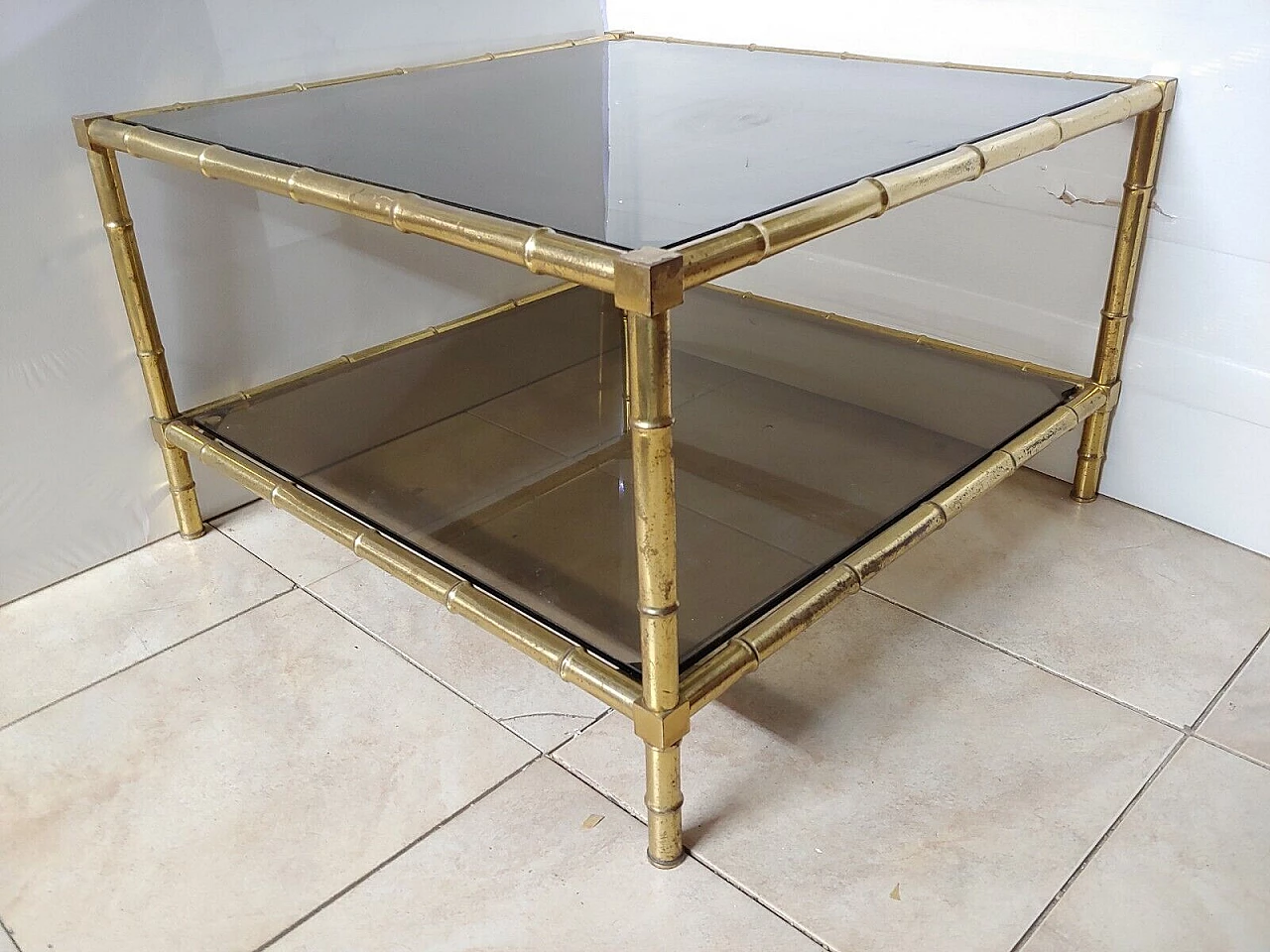 Square bamboo-effect brass and glass coffee table 8