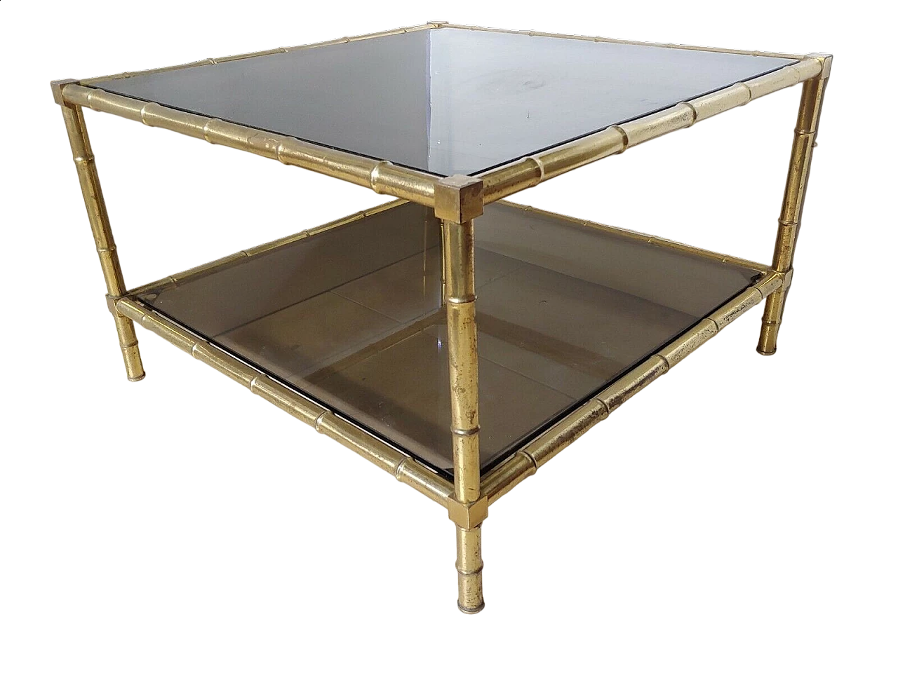 Square bamboo-effect brass and glass coffee table 9