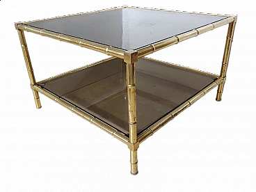 Square bamboo-effect brass and glass coffee table