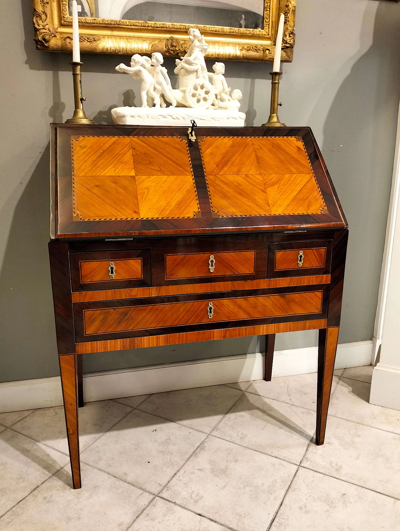 Louis XVI inlaid wooden flap with leather top, 18th century 1