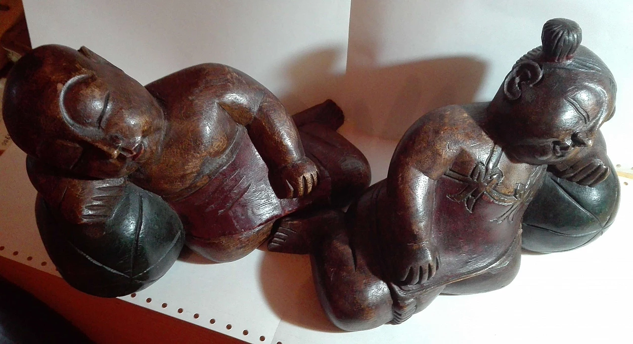 Pair of solid wood sculptures of sleeping figures, 1980s 5