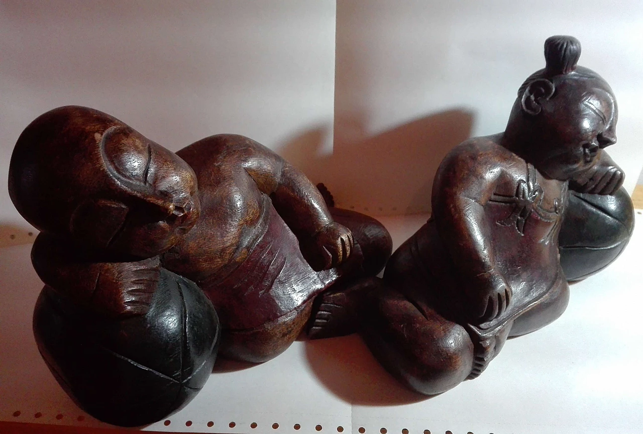 Pair of solid wood sculptures of sleeping figures, 1980s 6