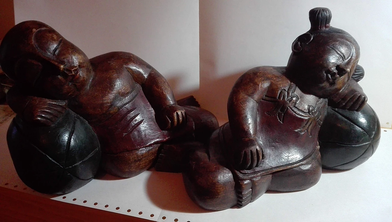 Pair of solid wood sculptures of sleeping figures, 1980s 9