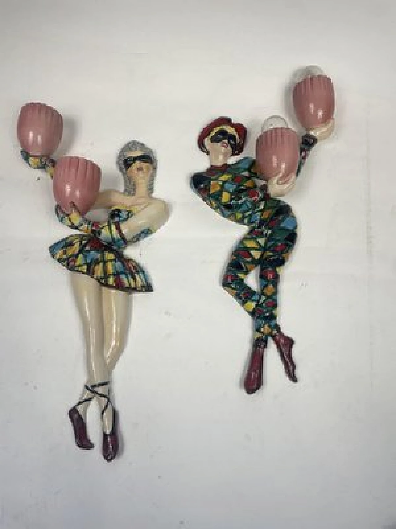 Coppia di lampade da parete Arlecchino in ceramica smaltata, anni '50, set di 2 1