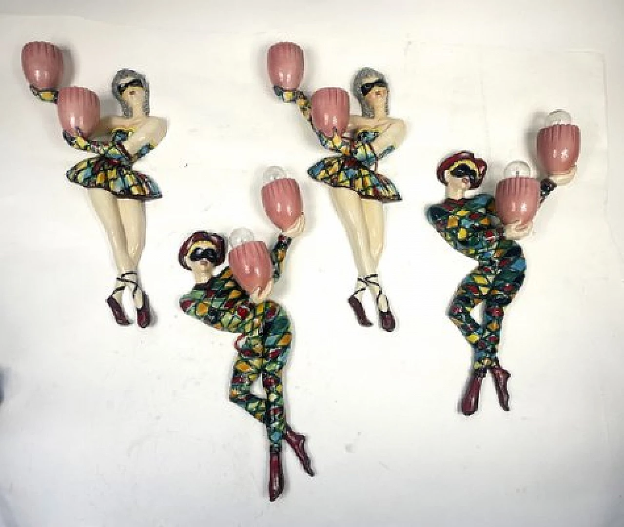 Coppia di lampade da parete Arlecchino in ceramica smaltata, anni '50, set di 2 2