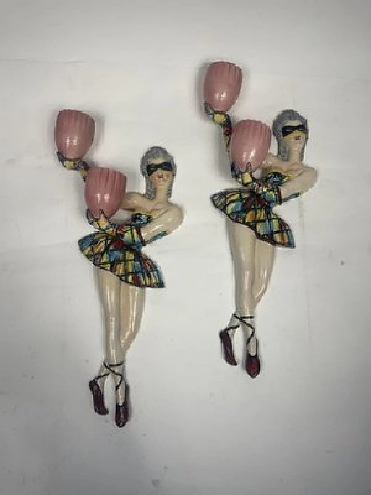 Pair of glazed ceramic Arlecchino wall lamps, 1950s 3