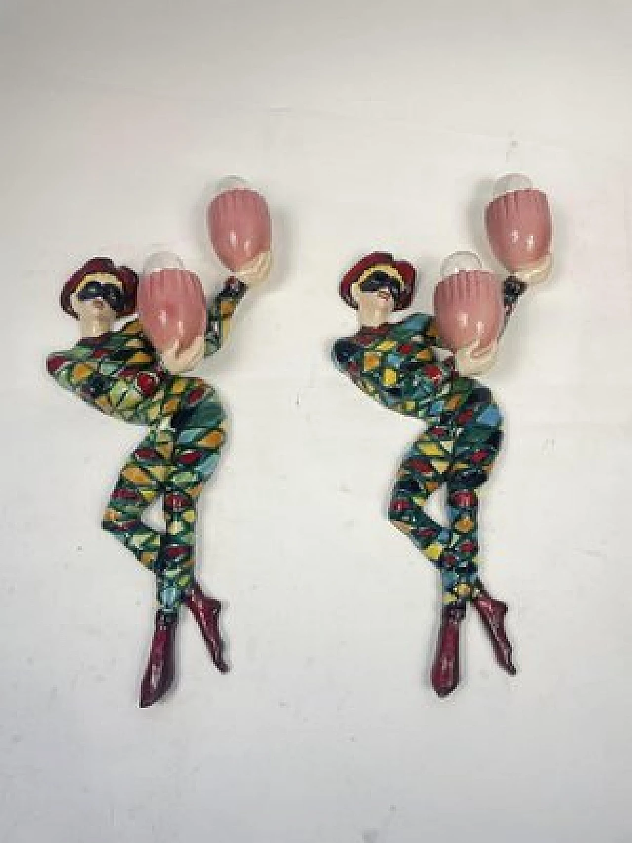 Pair of glazed ceramic Arlecchino wall lamps, 1950s 4