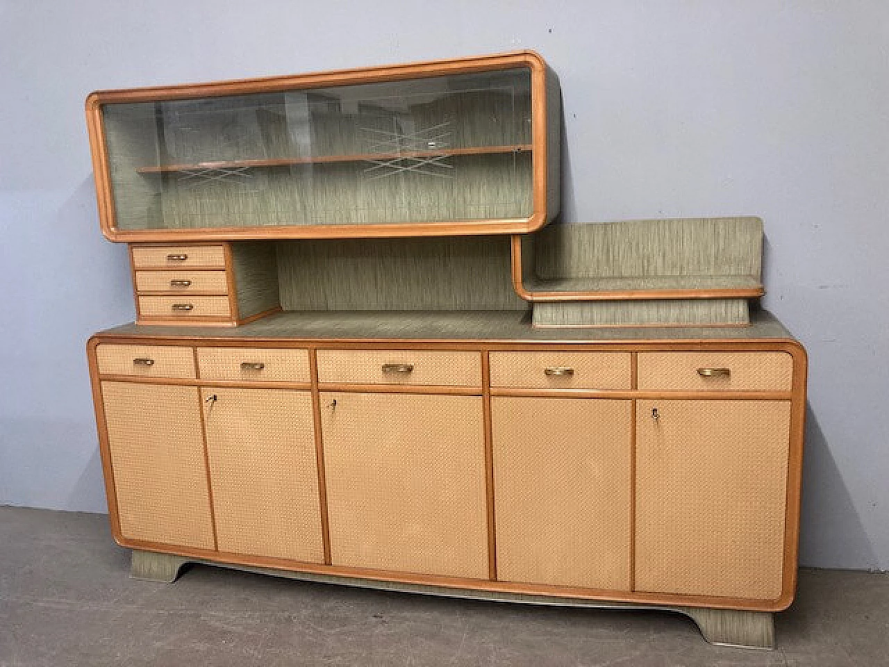 Wood effect and green laminate sideboard with showcase, 1960s 1