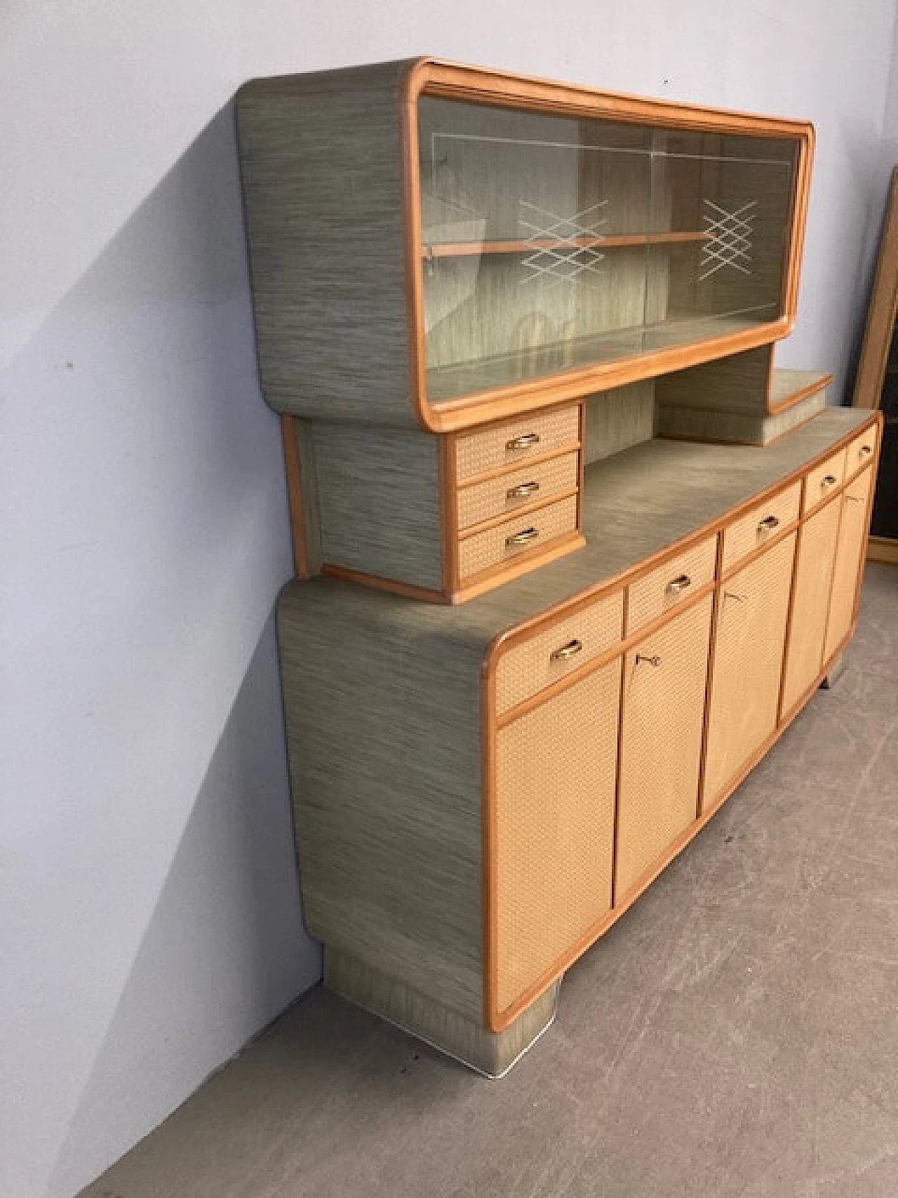 Wood effect and green laminate sideboard with showcase, 1960s 7