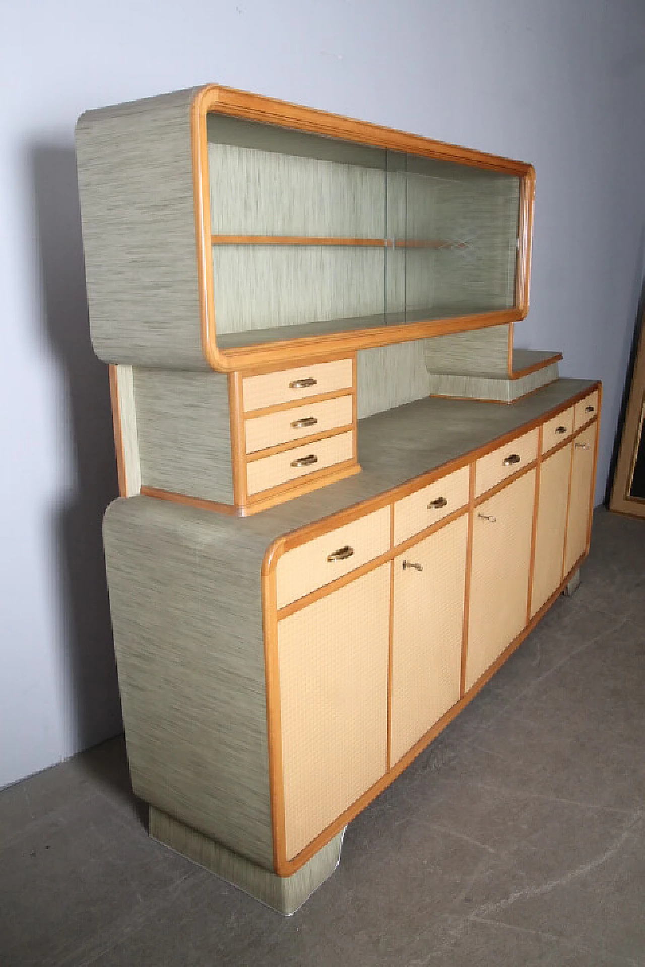 Wood effect and green laminate sideboard with showcase, 1960s 12