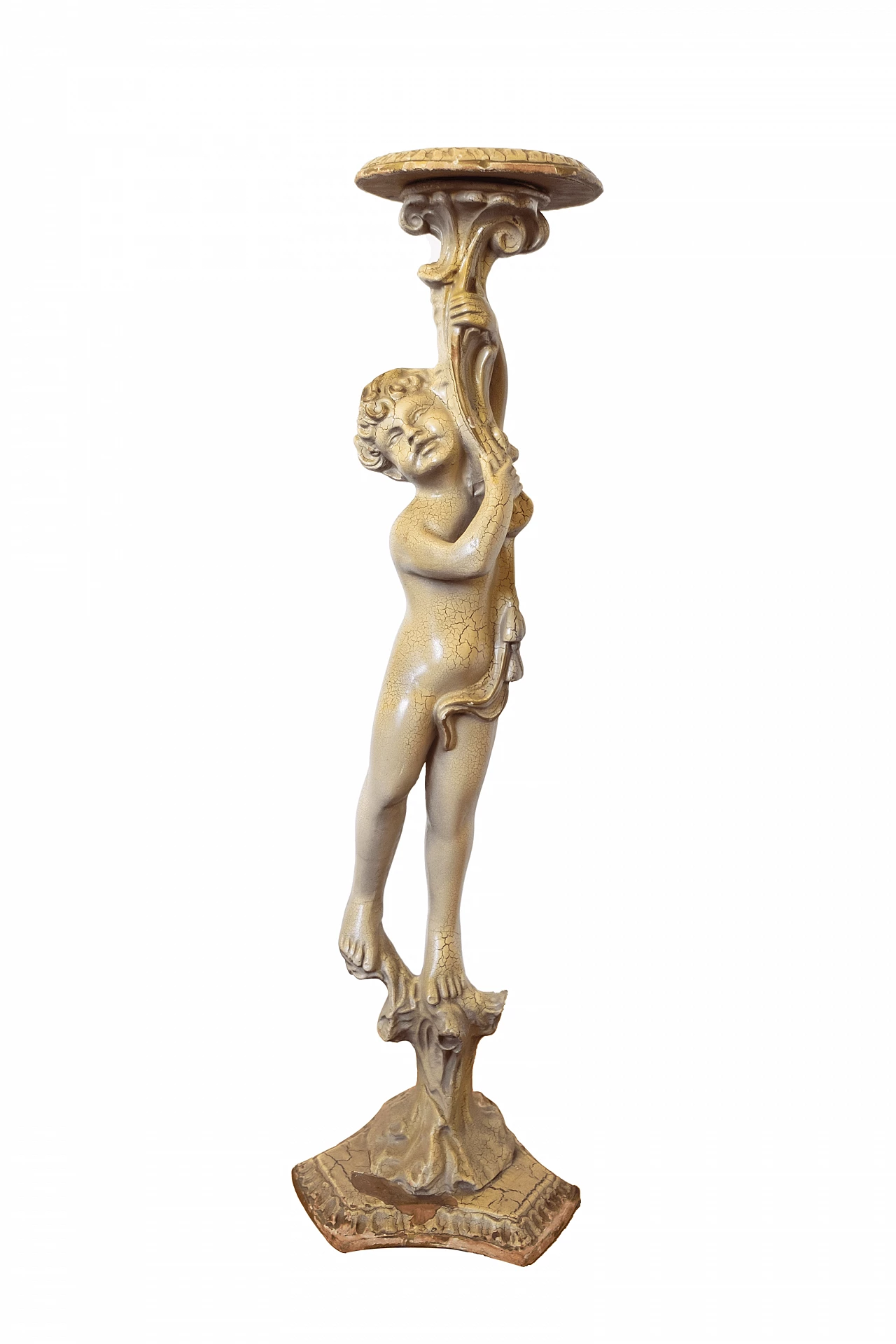 Tavolino in legno dorato con scultura di putto, anni '30 1