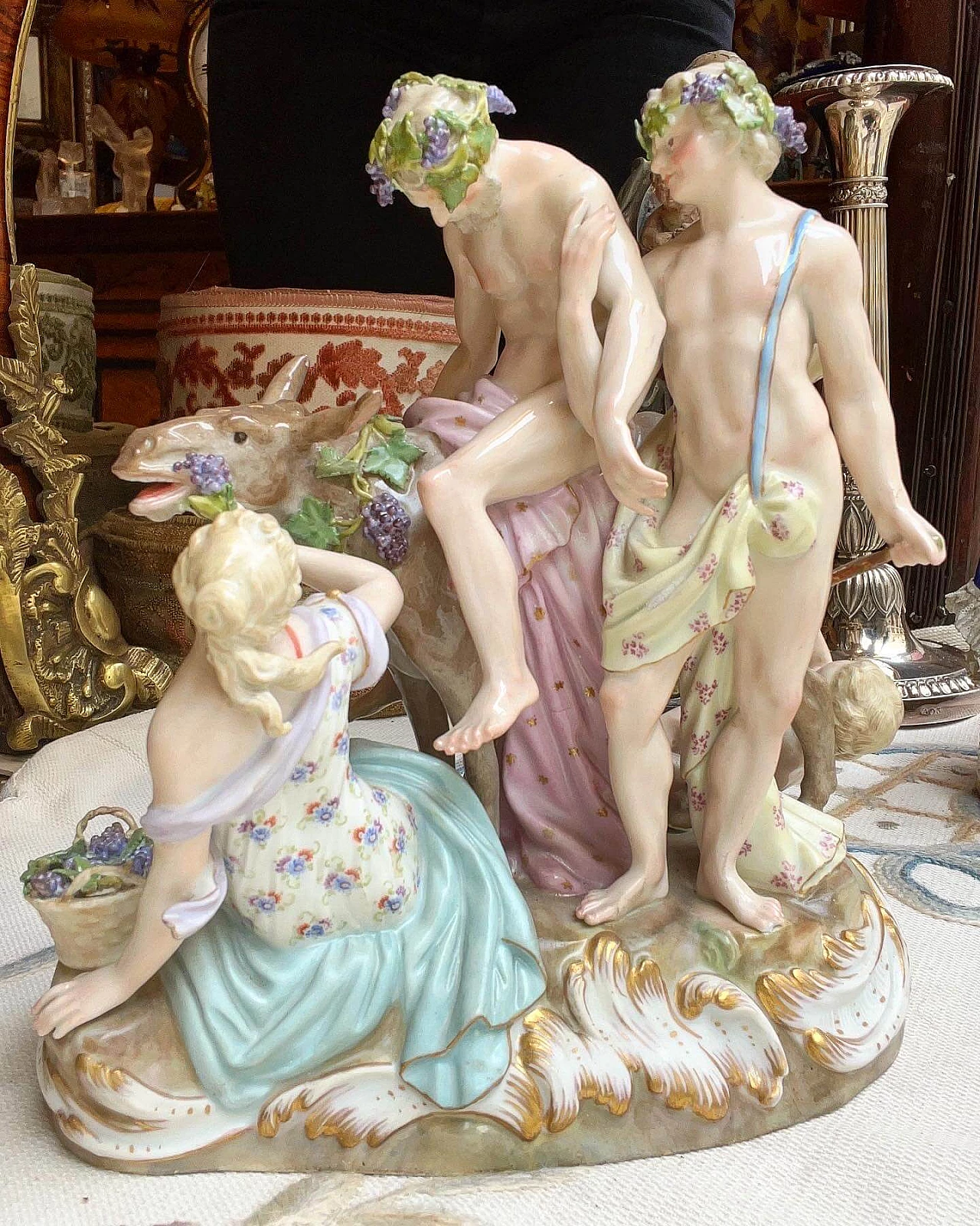 Meissen ceramic Silenus group on oval rocailles base, 19th century 1