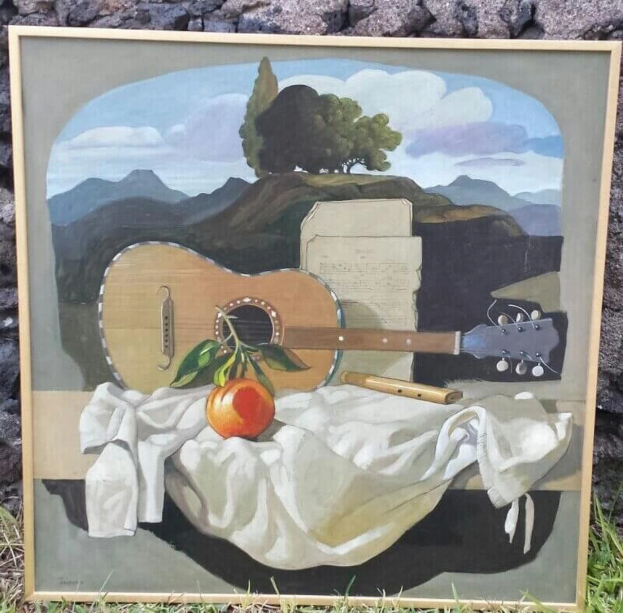 Saro Tricomi, Guitar, drape and landscape, oil painting on canvas, 2016 1