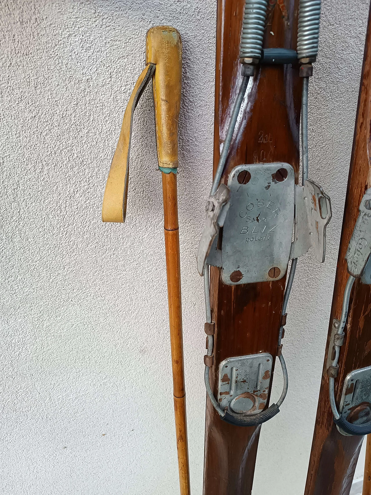 Pair of wood skis with leather and bamboo poles by Cober, 1950s 5