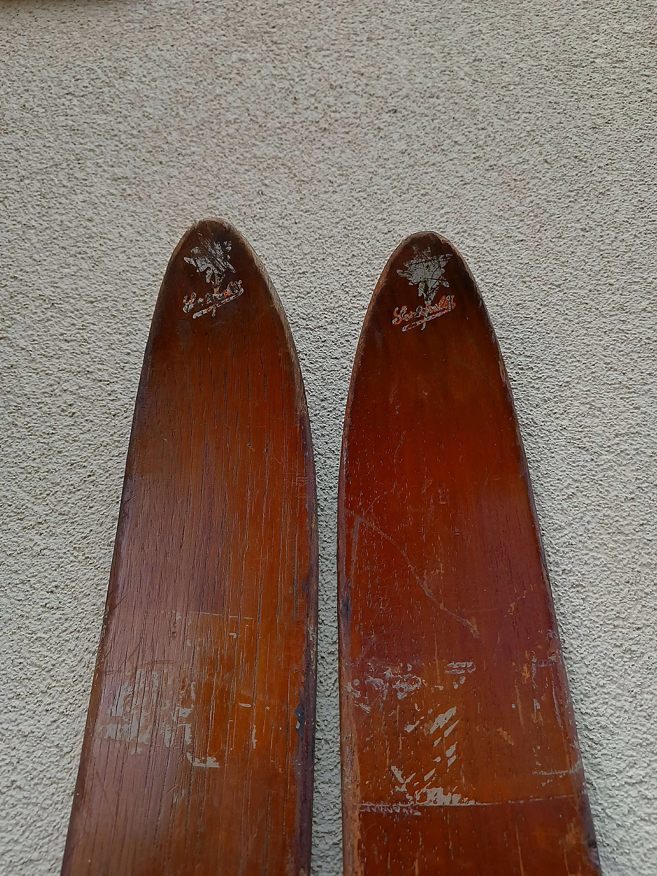 Pair of wood skis with leather and bamboo poles by Cober, 1950s 8