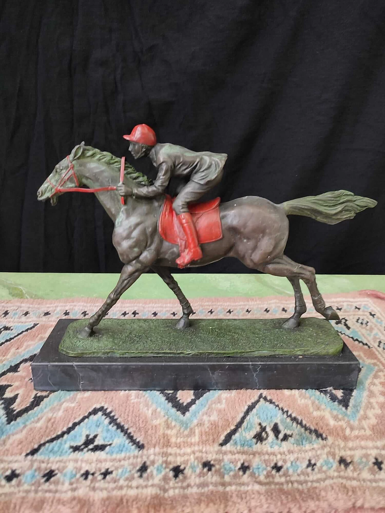 Painted bronze jockey on horseback sculpture, early 20th century 4