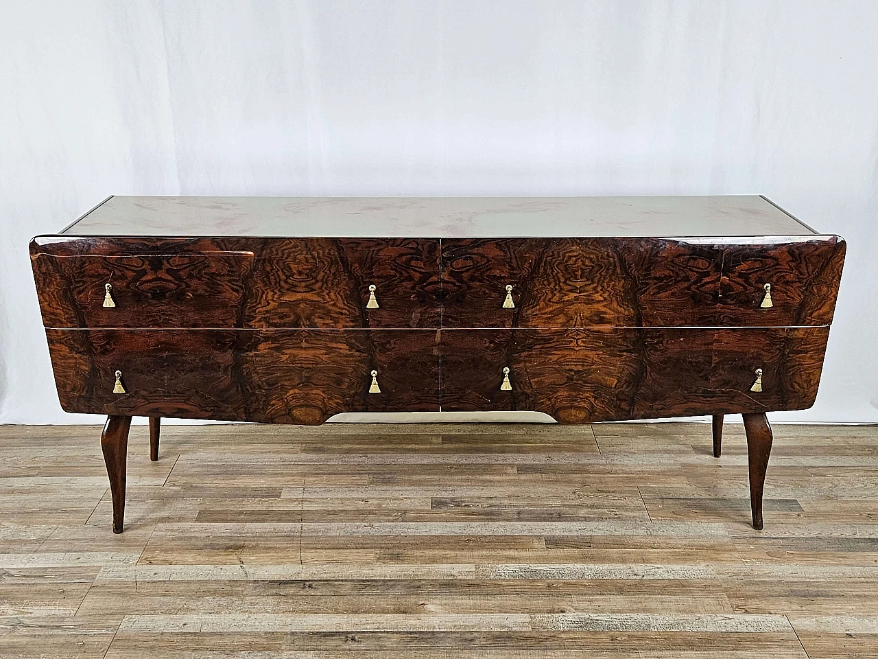 Mid Century chest of drawers with marbled glass top and curved legs, 1950s 1