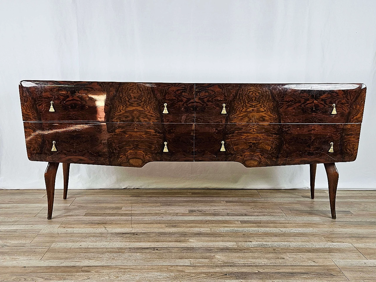 Mid Century chest of drawers with marbled glass top and curved legs, 1950s 2