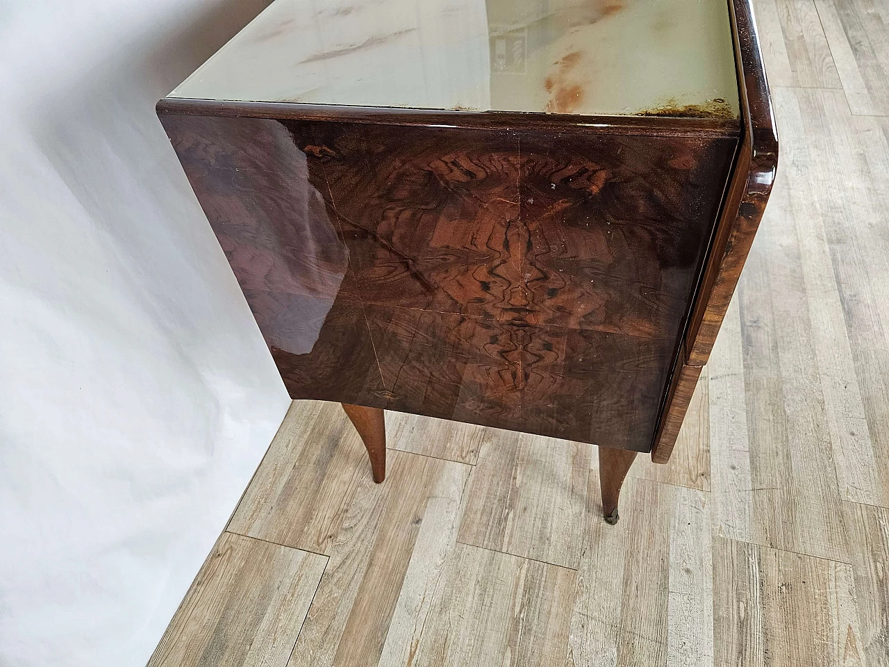 Mid Century chest of drawers with marbled glass top and curved legs, 1950s 3