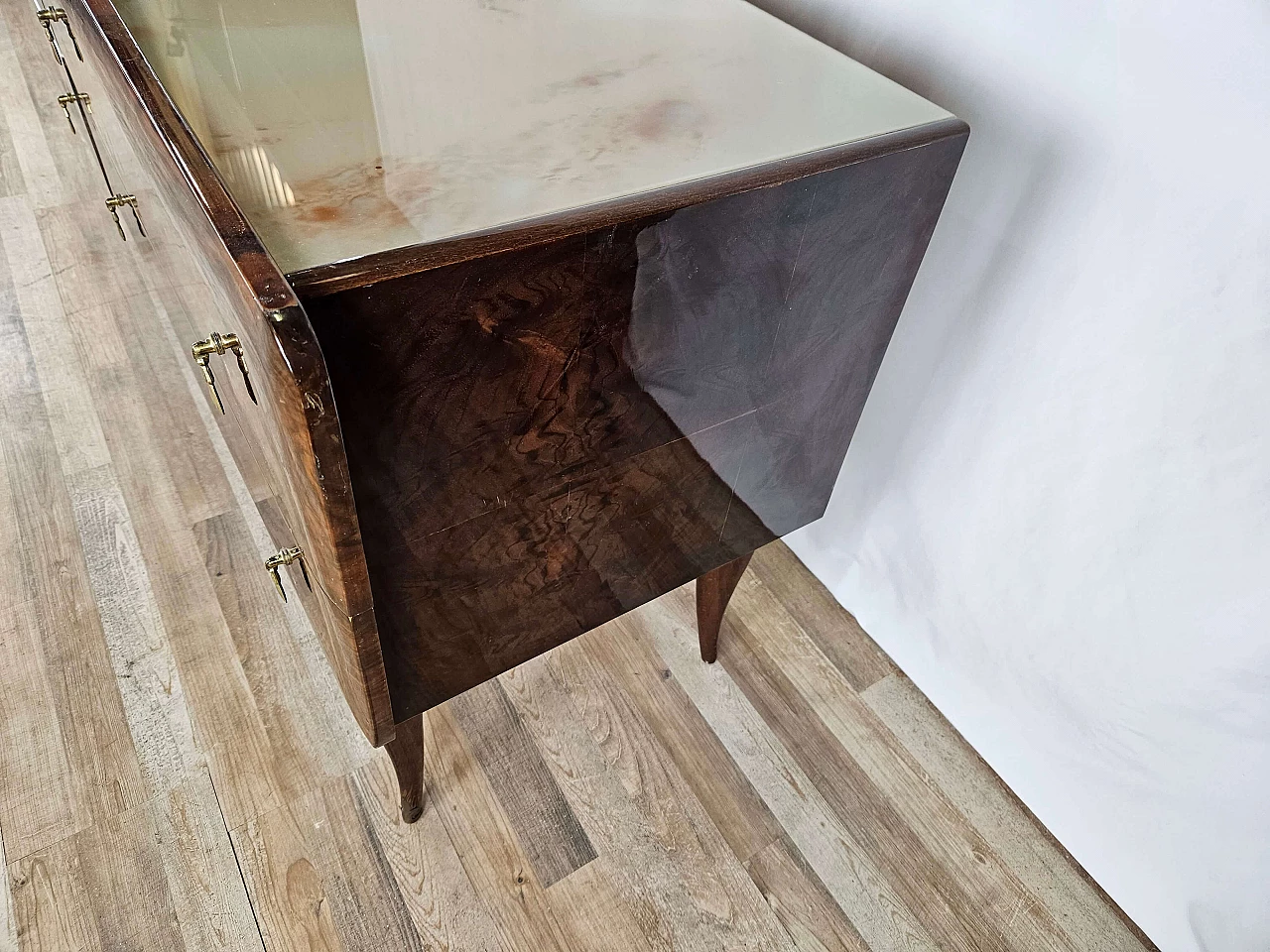 Mid Century chest of drawers with marbled glass top and curved legs, 1950s 4