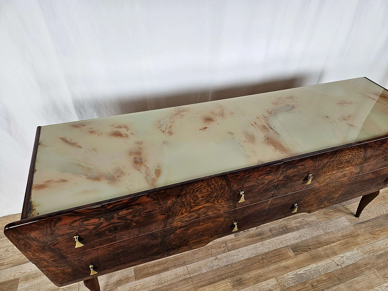 Mid Century chest of drawers with marbled glass top and curved legs, 1950s 5