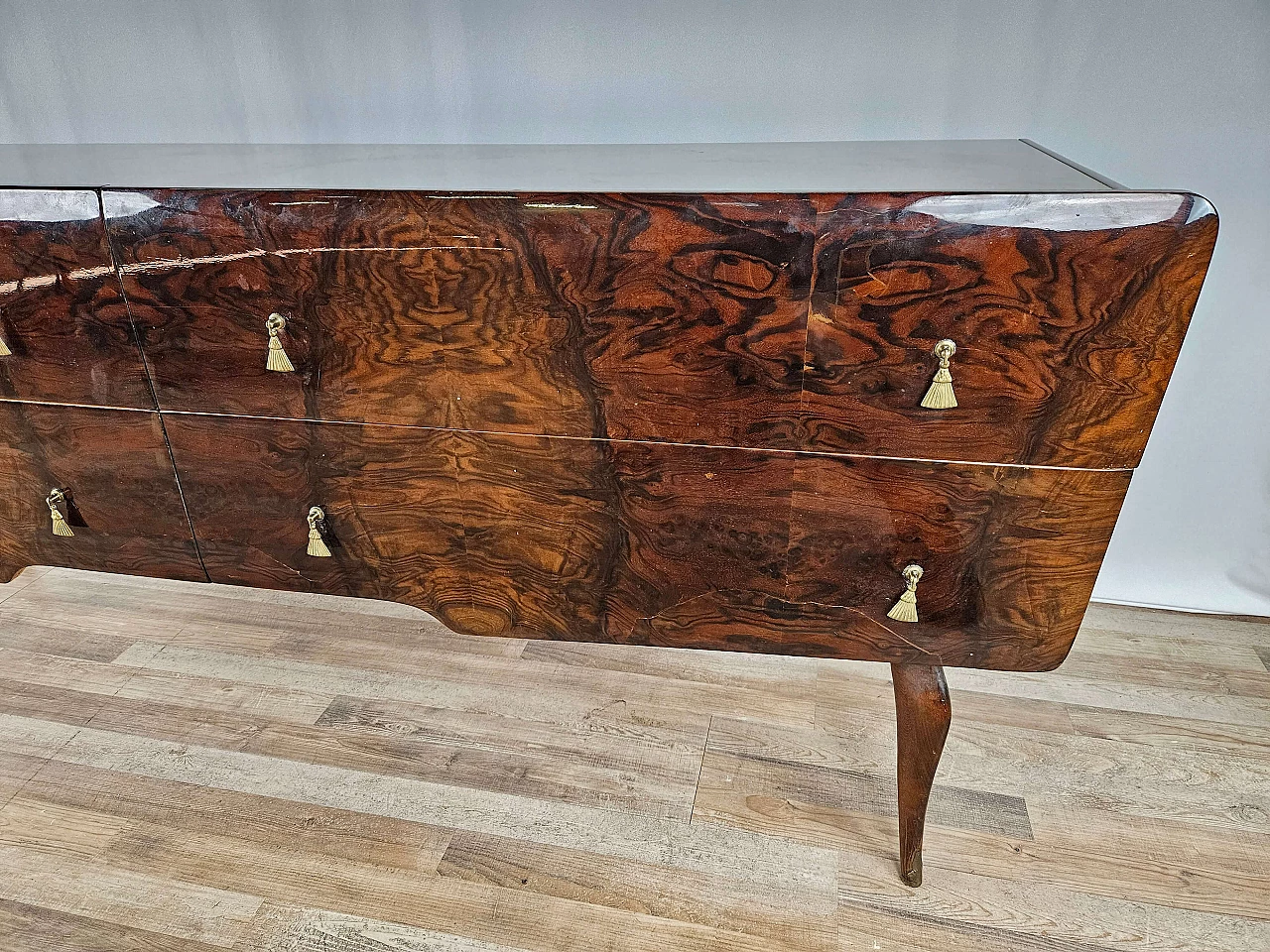 Mid Century chest of drawers with marbled glass top and curved legs, 1950s 12