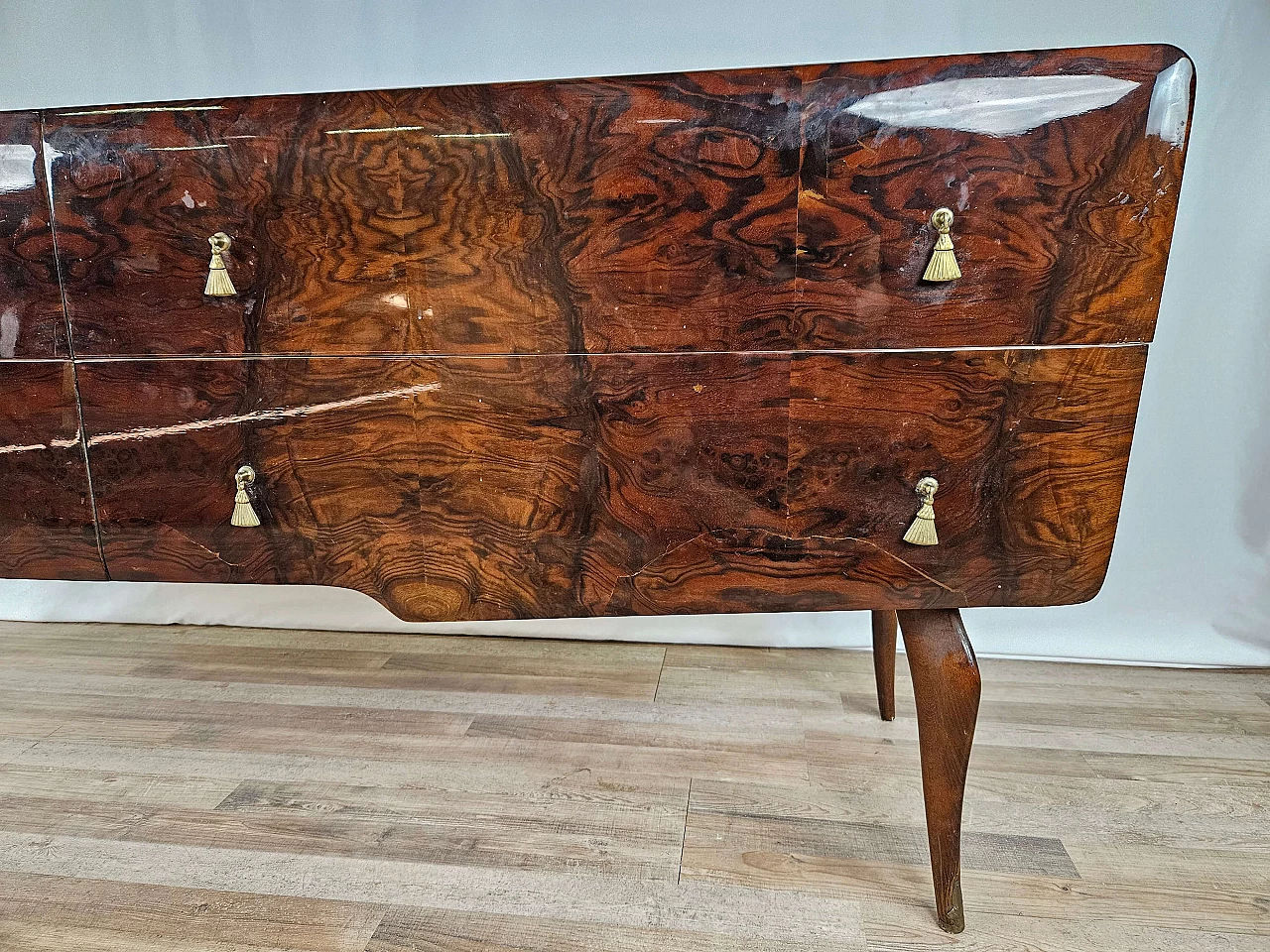 Mid Century chest of drawers with marbled glass top and curved legs, 1950s 13