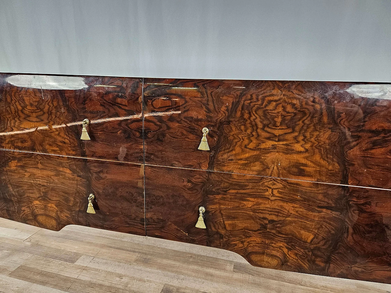 Mid Century chest of drawers with marbled glass top and curved legs, 1950s 14