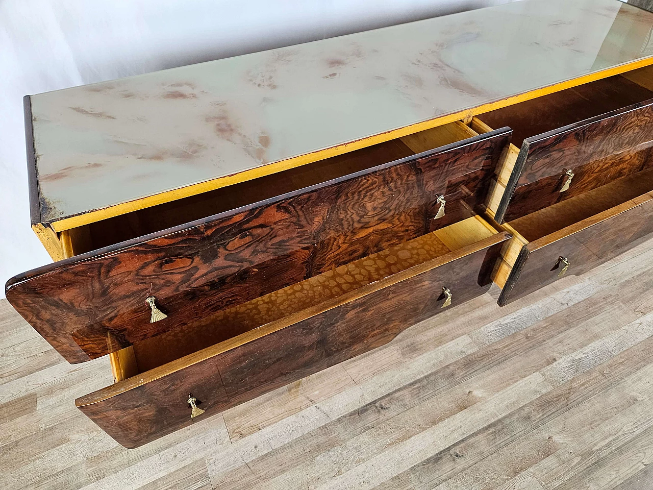 Mid Century chest of drawers with marbled glass top and curved legs, 1950s 18