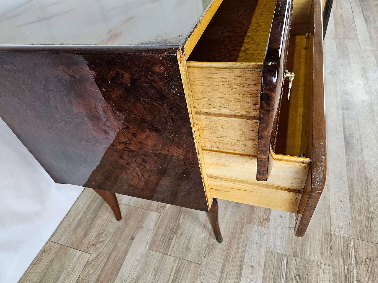 Mid Century chest of drawers with marbled glass top and curved legs, 1950s 19