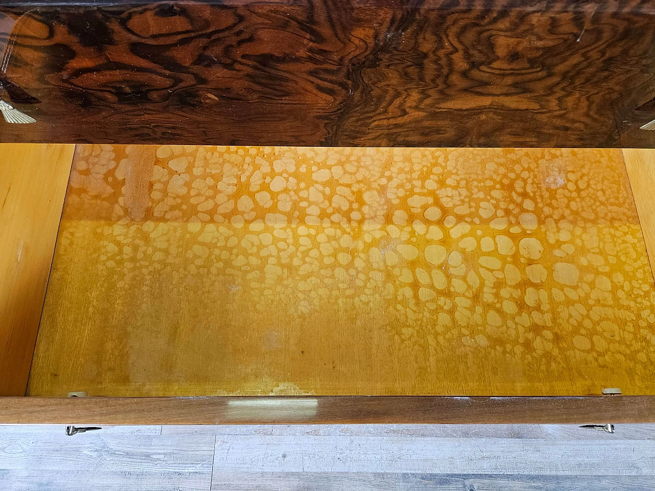 Mid Century chest of drawers with marbled glass top and curved legs, 1950s 21