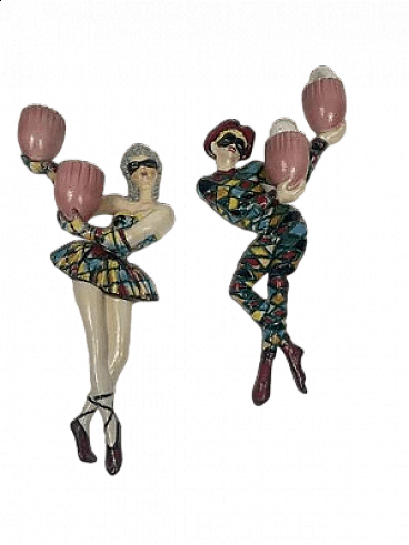 Pair of glazed ceramic Arlecchino wall lamps, 1950s