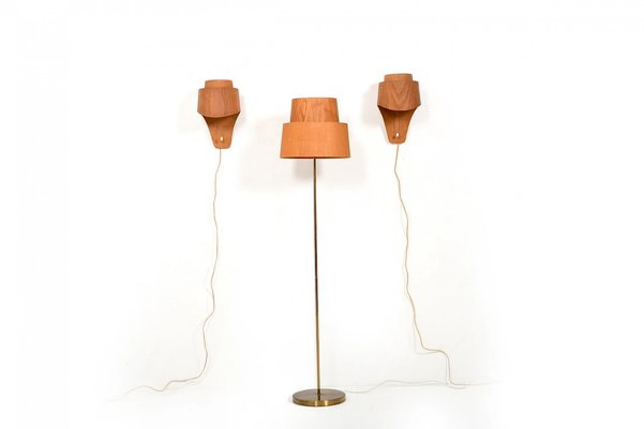 Pair of elm and pine wall sconce and floor lamp by Hans Agne Jacobsson for AB Ellysett Markaryd, 1960s 1