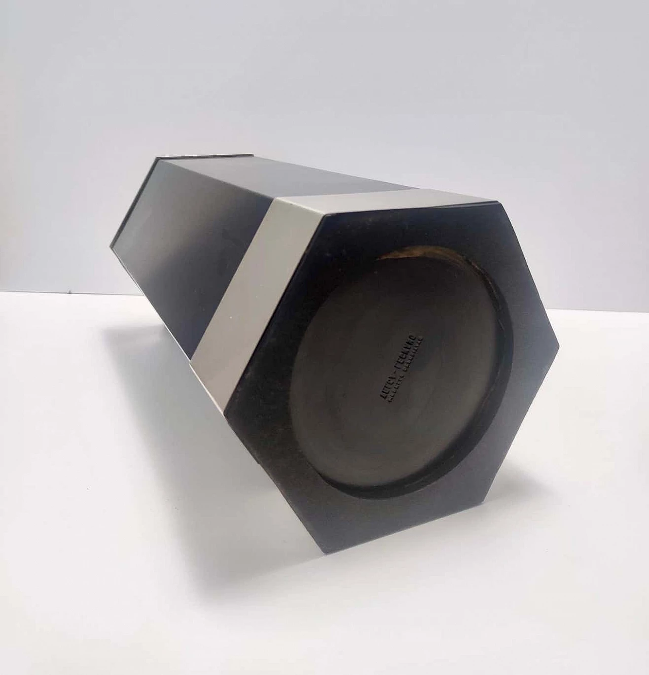 Hexagonal umbrella stand in black enamelled metal and satin-finished steel by Velca, 1960s 4