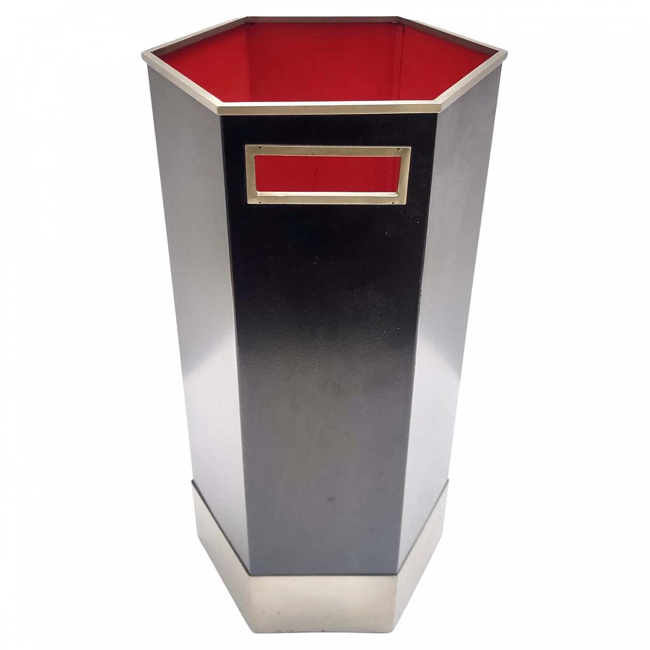 Hexagonal umbrella stand in black enamelled metal and satin-finished steel by Velca, 1960s 10