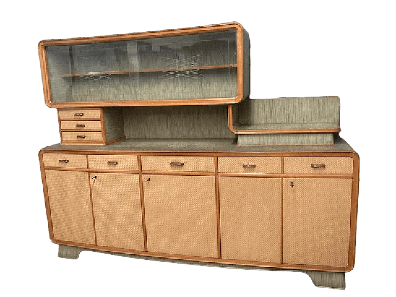 Wood effect and green laminate sideboard with showcase, 1960s 14