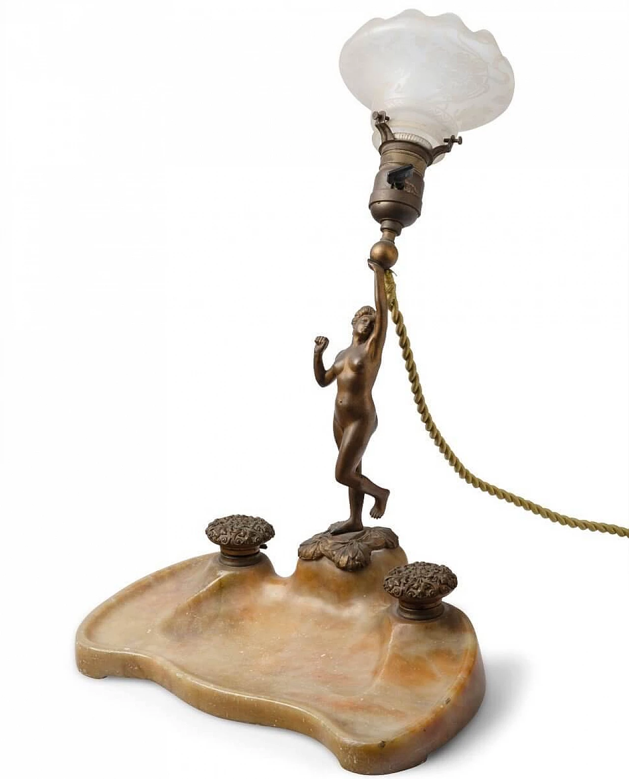 Art Nouveau bronze, marble and glass table lamp with inkwell, 1920s 1