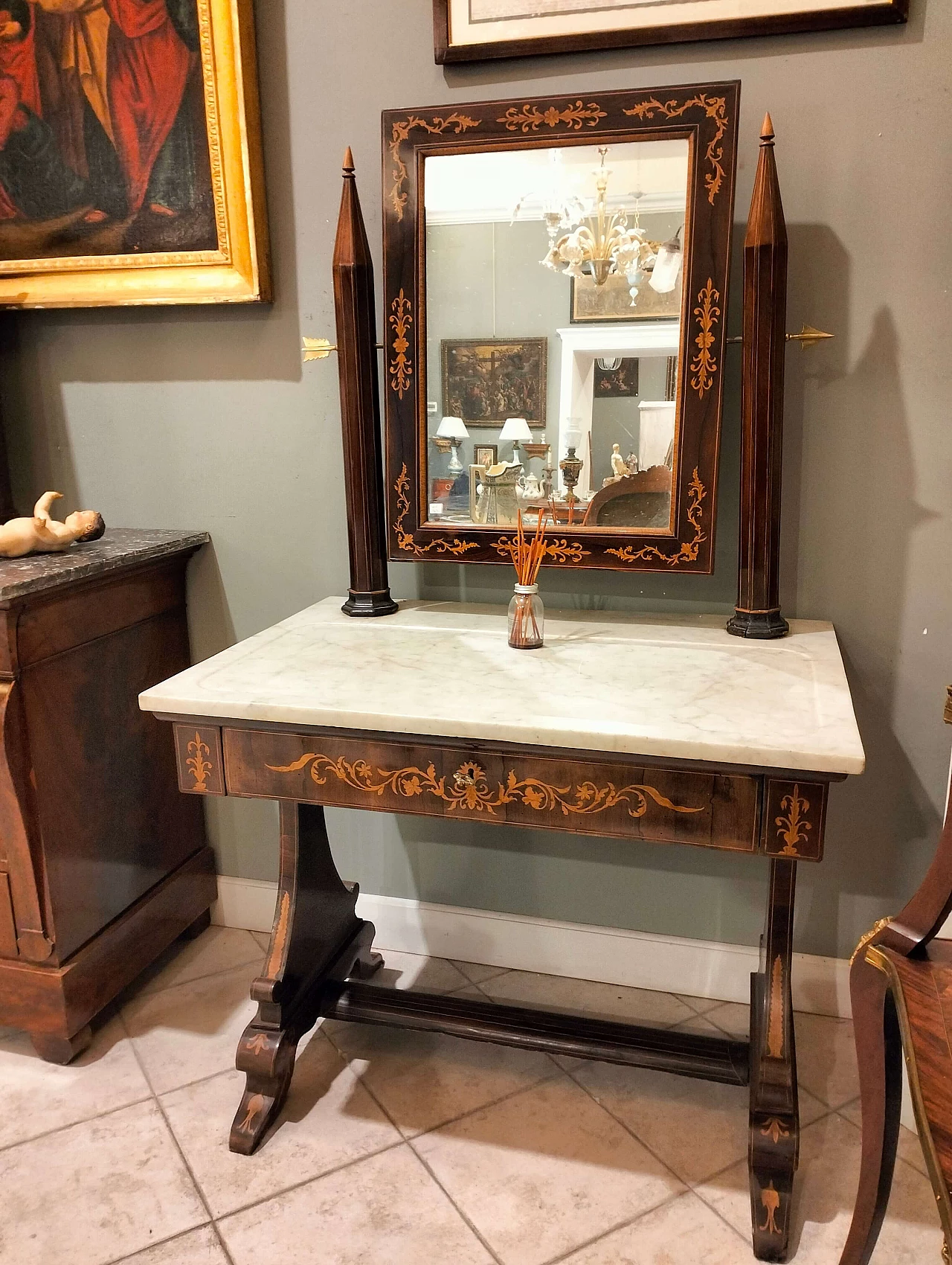 Charles X dressing table in rosewood with Carrara marble top, 18th century 1