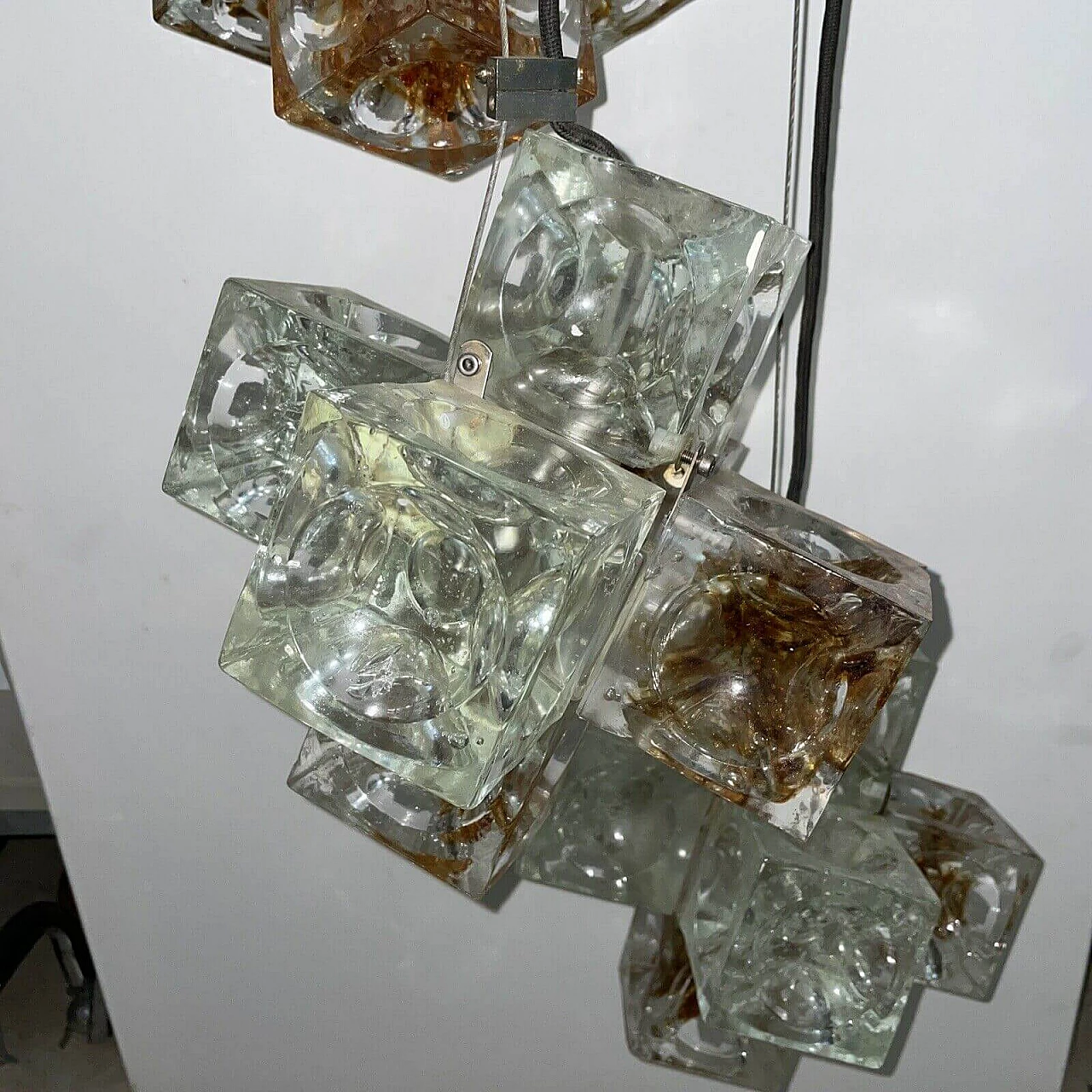 Three-light chandelier with glass cubes by Poliarte, 1970s 1