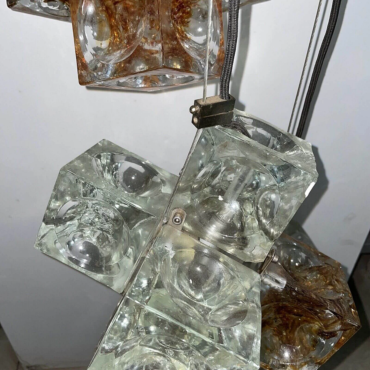 Three-light chandelier with glass cubes by Poliarte, 1970s 2