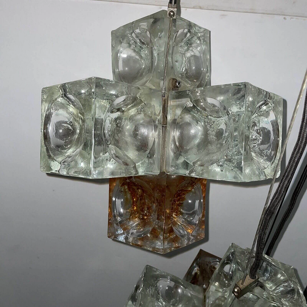 Three-light chandelier with glass cubes by Poliarte, 1970s 4